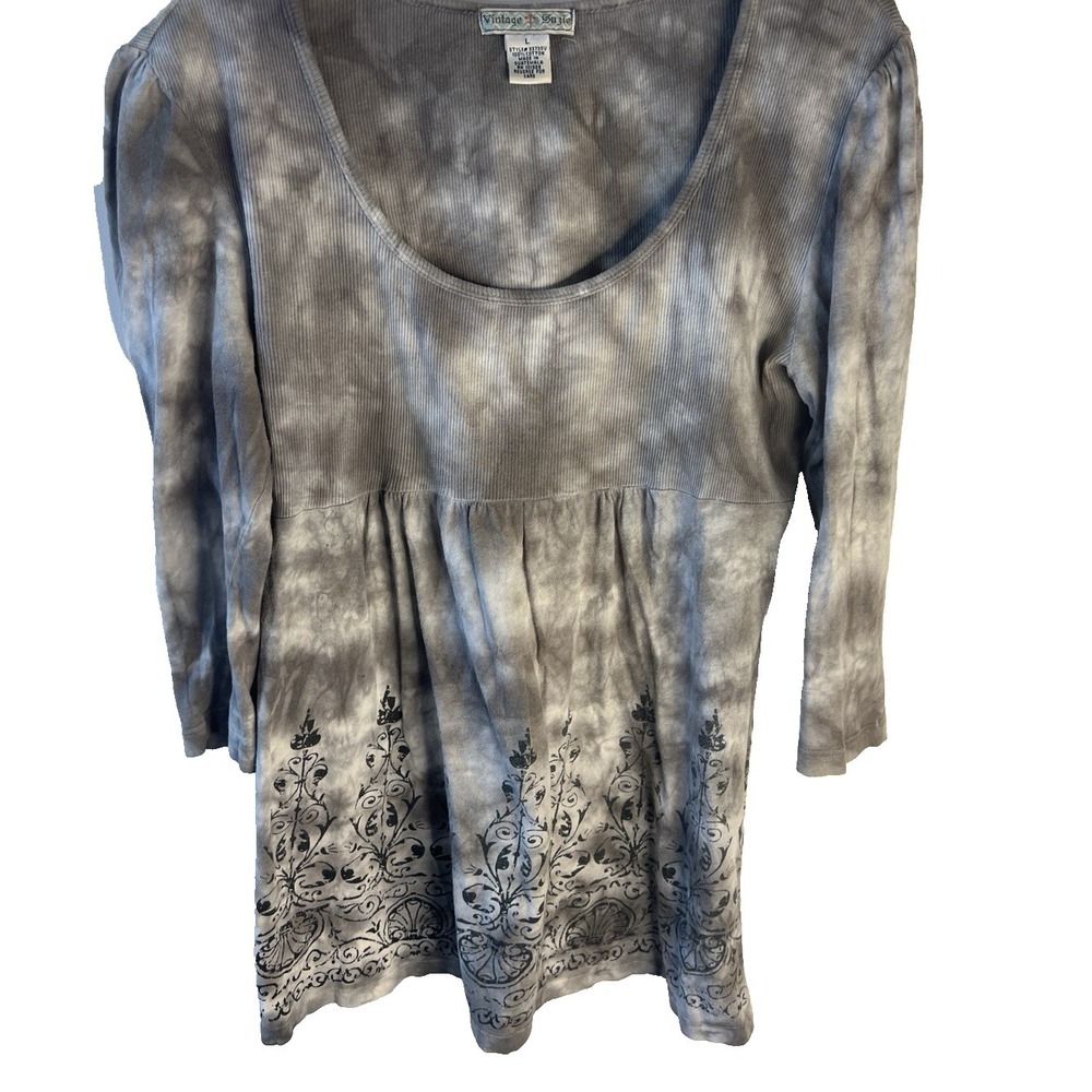 Vtg Y2K Ribbed Tribal Gray Tie Dye Women‎ Shirt L Fairy Grunge Indie Festival